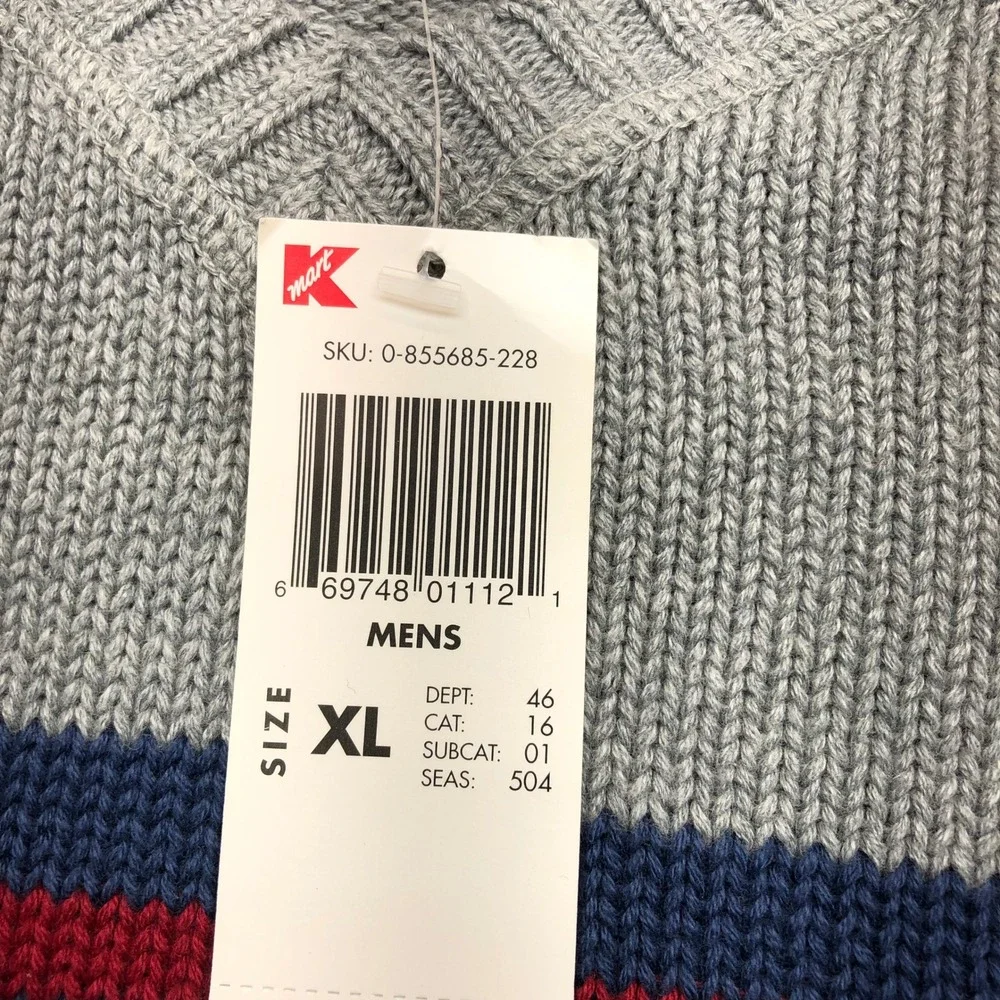 Basic Editions Mens XL V-Neck Sweater Gray Cotton Striped Long Sleeve